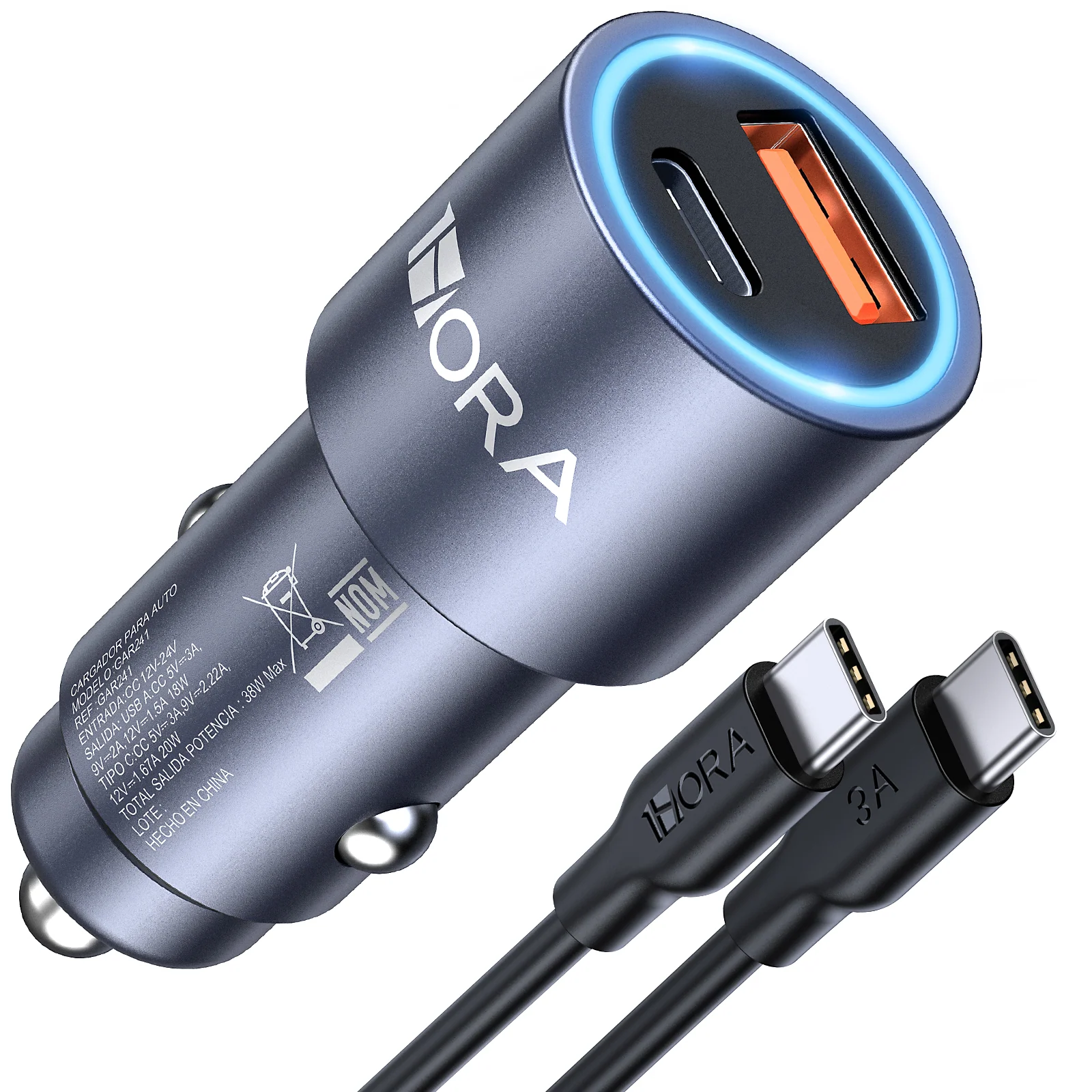 Cargador Carro 1HORA 38W 2 Puestos USB y Tipo C — foto 1 de 4